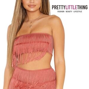 PLT Fringe Tassel Bandeau Crop Top Dusty Pink Sexy Club Wear Made in UK